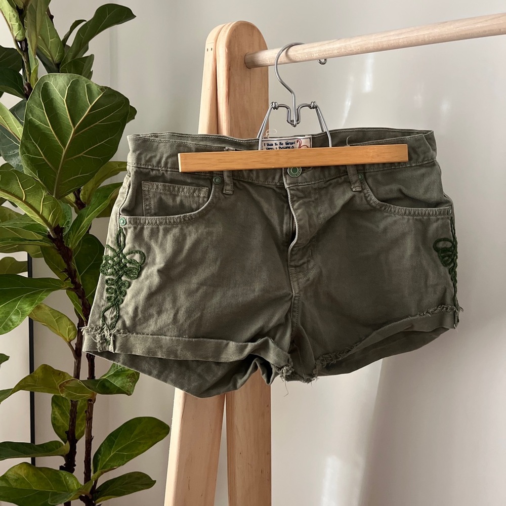Vintage Repurposed Sandrine Rose Denim Green Shorts with Patches Handmade Design
